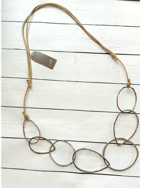 NEW NWT J. Jill Adjustable Beige Cord Necklace Rustic Metal Rings $49 Retail Tag